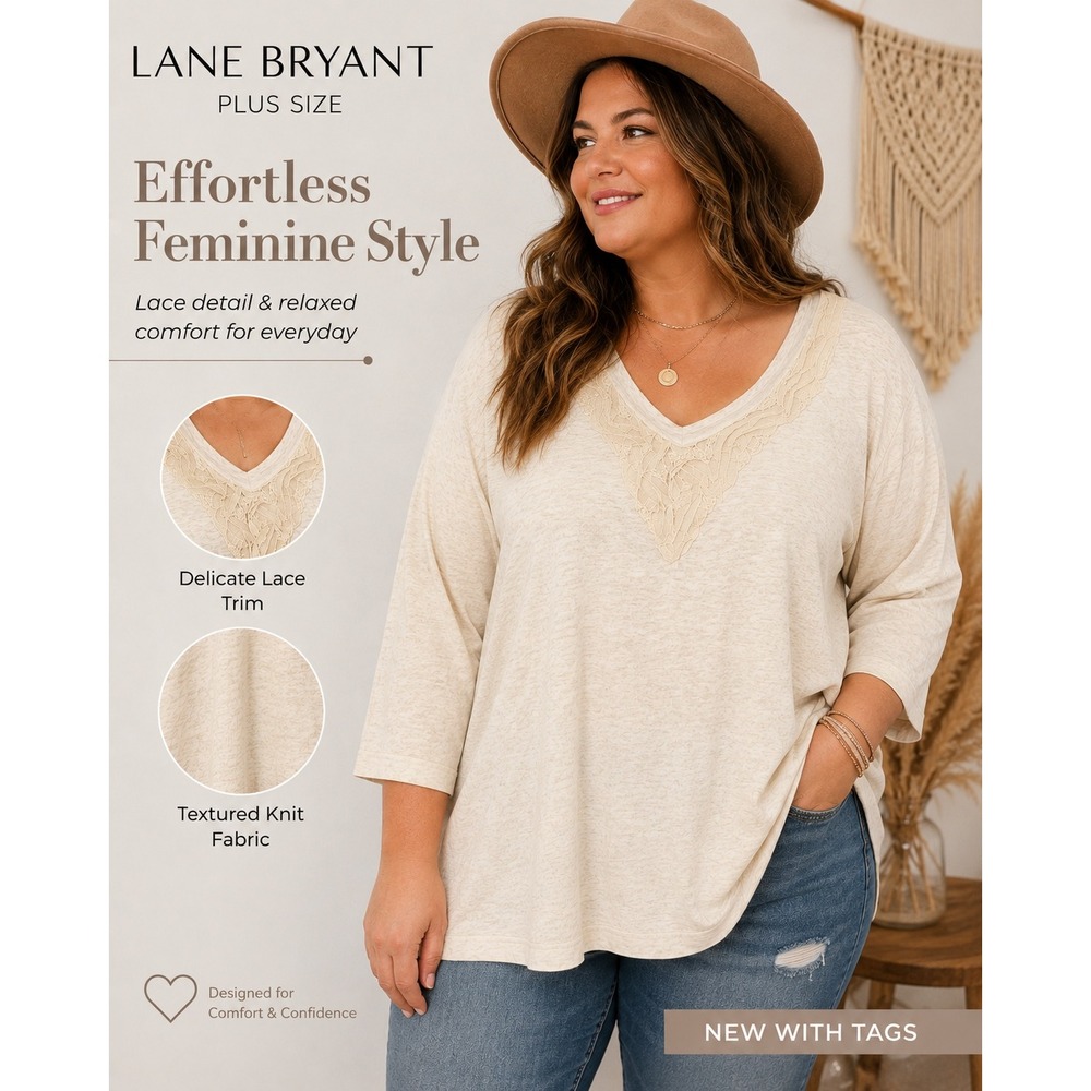 NEW Lane Bryant Womens Plus Size 26/28 Cream Lace Trim‎ V Neck 3/4 Sleeve Top
